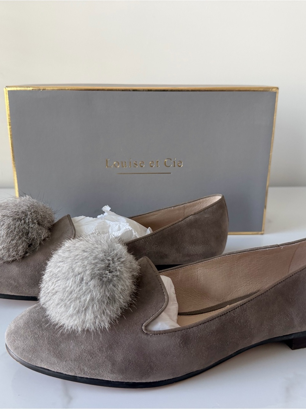 Louise et Cie Taupe Suede Pom-Pom Loafers